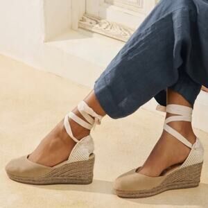 MANEBI Soft Suede Low Wedge Espadrille Hamptons Taupe on Tone EU 39 US 9